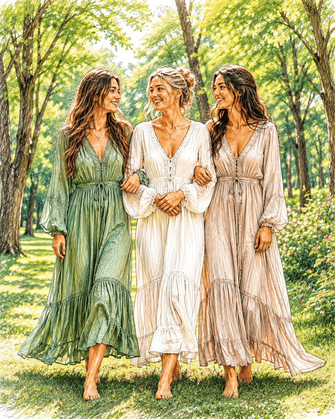 Three women in meditation by a lake at sunrise